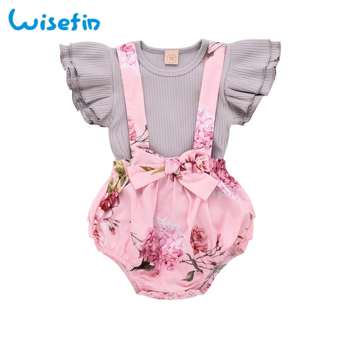 Wisefin Ruffle Sleeves Cute Girls Baby Set Summer Clothes Baby Girl Outfits Flower Toddler Girl Clothing Set 2Pcs Tops+Jumpsuits