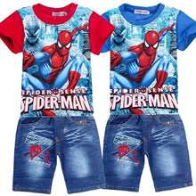 Load image into Gallery viewer, Children Boys Summer Spiderman Kids Clothing Sets Baby Kids T Shirt Jeans Shorts Toddler Boys Denim Pants Sports Clothes Set