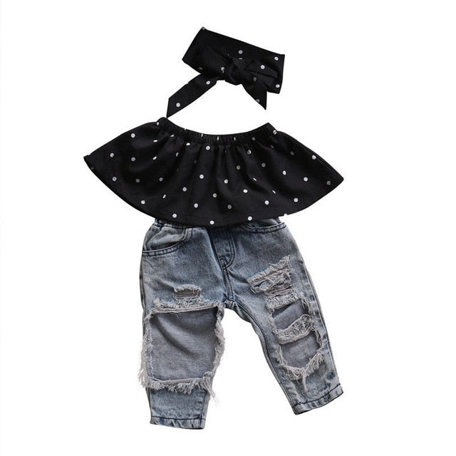 2019 Fashion USA Toddler Baby Girls Dot Sleeveless  3pcs Tops+Hole Jeans Outfits Casual Clothes 0-3Yrs